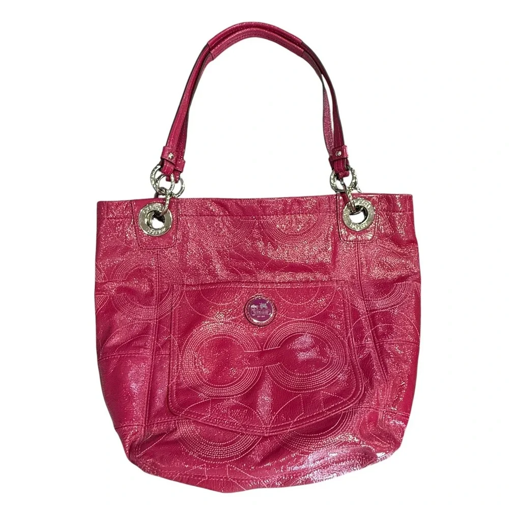 Coach Signature Purse Tote Hot Pink Patent Leather Shoulder Large Hobo Bag